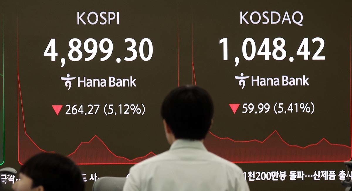 6일 오전 서울 중구 하나은행 딜링룸 전광판에 코스피 지수가 4900선 하회로, 코스닥 지수가 1100선 아래로 보이고 있다. 이날 코스피는 장초반 매도 사이드카가 발동됐다. / 뉴스1