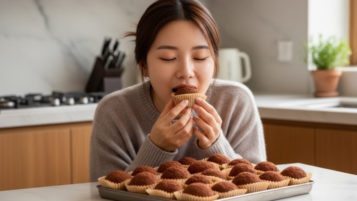 '두바이 쫀득 쿠키'를 먹는 여성. AI가 생성한 자료사진.