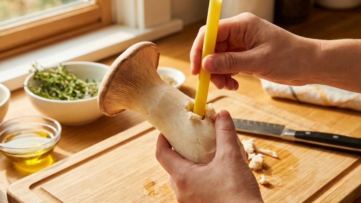 버섯에 빨대를 꽂는 모습 / 기사 내용을 바탕으로 제작한 AI 이미지