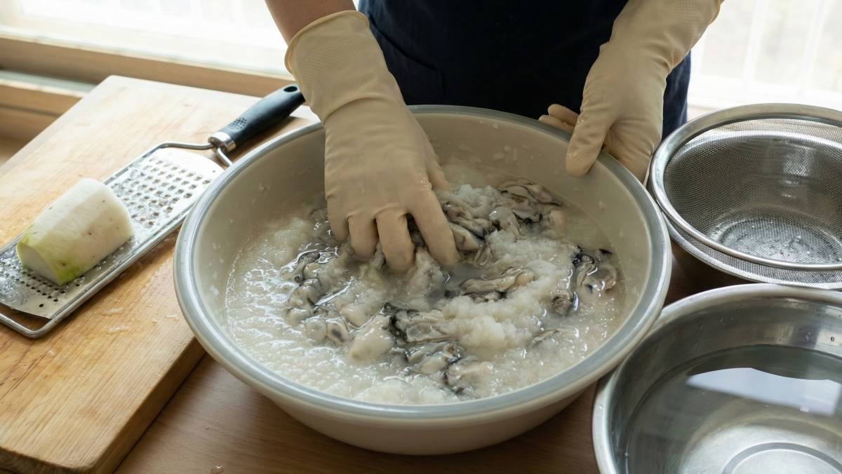 굴 세척하는 모습 (AI로 제작됨)