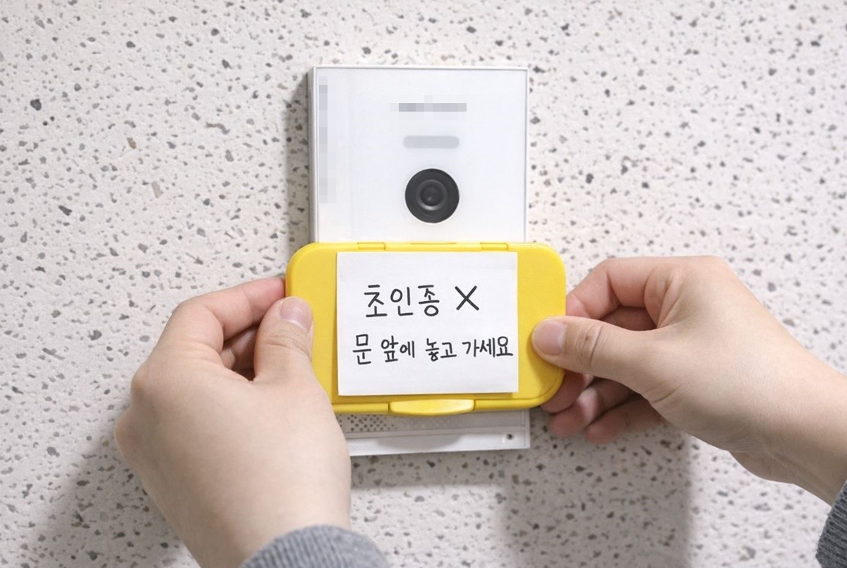 물티슈 뚜껑을 초인종에 붙이는 모습. 기사 이해를 돕기 위해 AI를 활용해 제작한 자료 사진입니다. 실제 모습과 다소 차이가 있을 수 있습니다.