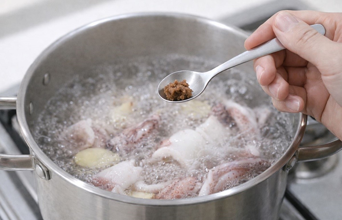 오징어를 삶을 때 된장을 넣는 모습. 기사 이해를 돕기 위해 AI를 활용해 제작한 자료 사진입니다. 실제 모습과 다소 차이가 있을 수 있습니다.