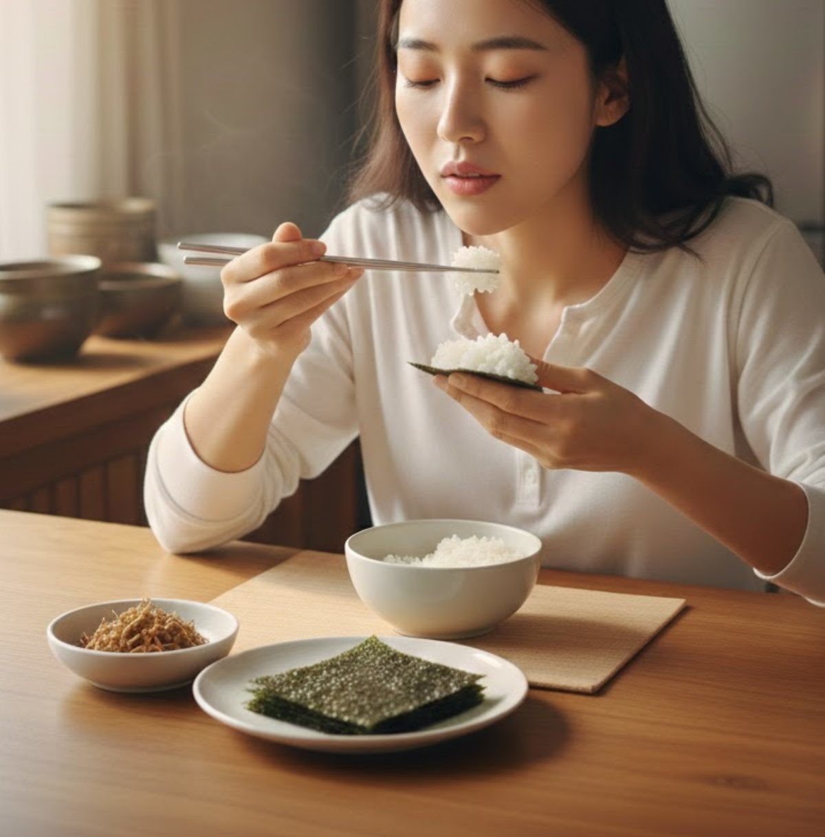 밥과 김을 먹는 사람. AI툴로 생성한 자료사진.