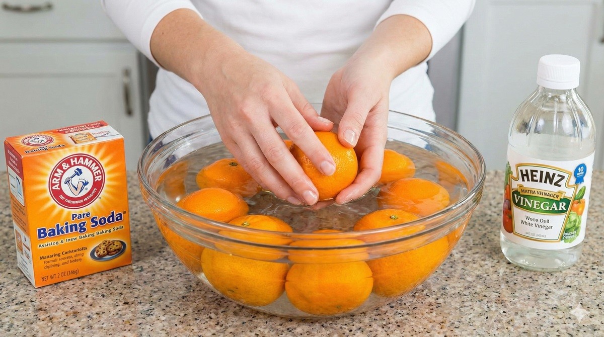베이킹소다와 식초를 활용한 귤 세척 / AI 생성 이미지