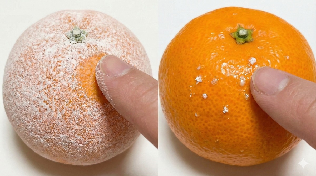 칼슘제는 껍질 전체에 균일하게 얇게 퍼져 있고 손에 닿으면 부드러운 가루 느낌이 나는 반면, 농약은 점처럼 뭉쳐 있거나 끈적거린다. / AI 생성 이미지