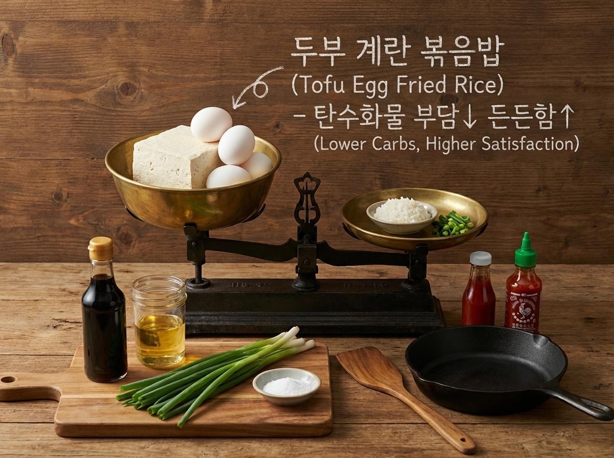 '두부 계란 볶음밥' 준비 재료들.  기사 내용 토대로 AI툴 활용해 제작한 자료사진.