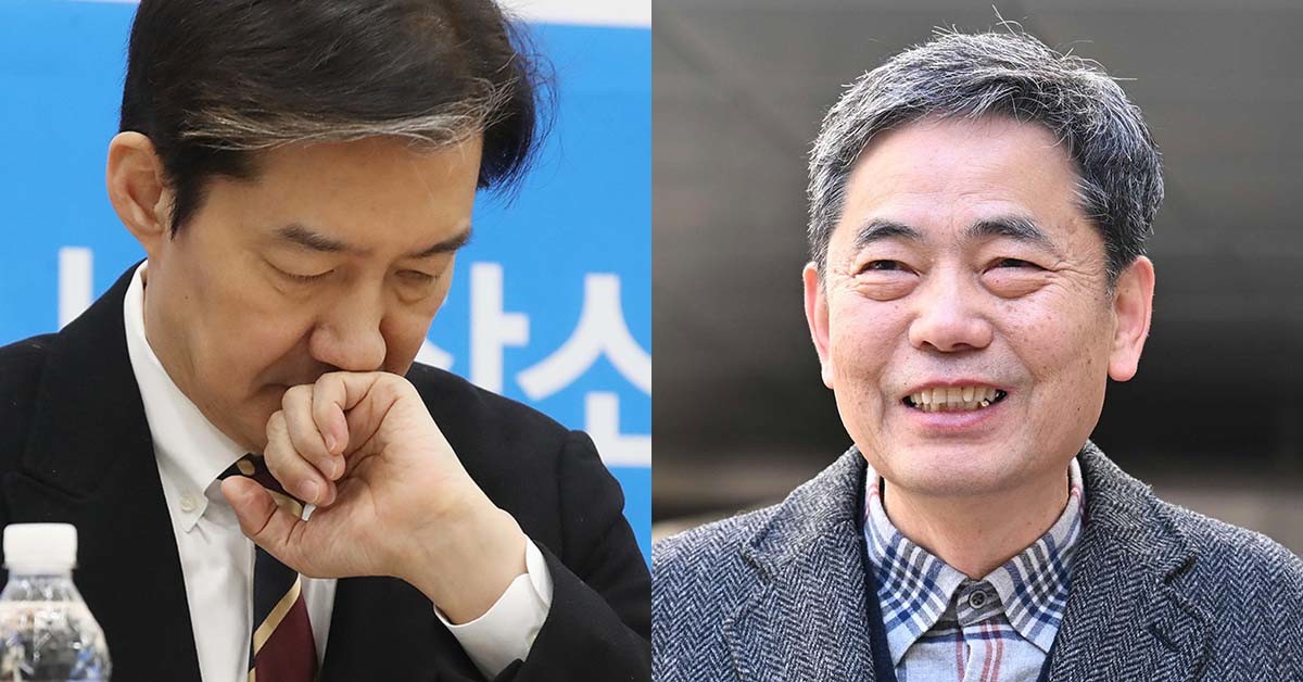 왼쪽은  조국 조국혁신당 대표가 5일 부산 동구 부산항국제전시컨벤션센터에서 열린 현장 최고위원회의에서 생각에 잠겨 있는 모습, 오른쪽은 곽상도 전 국민의힘 의원이 6일 서울 서초구 서울중앙지방법원에서 열린 범죄수익은닉규제법 위반 혐의 1심 선고 공판 후 법원을 나서며 취재진의 질문에 답하고 있는 모습. / 뉴스1