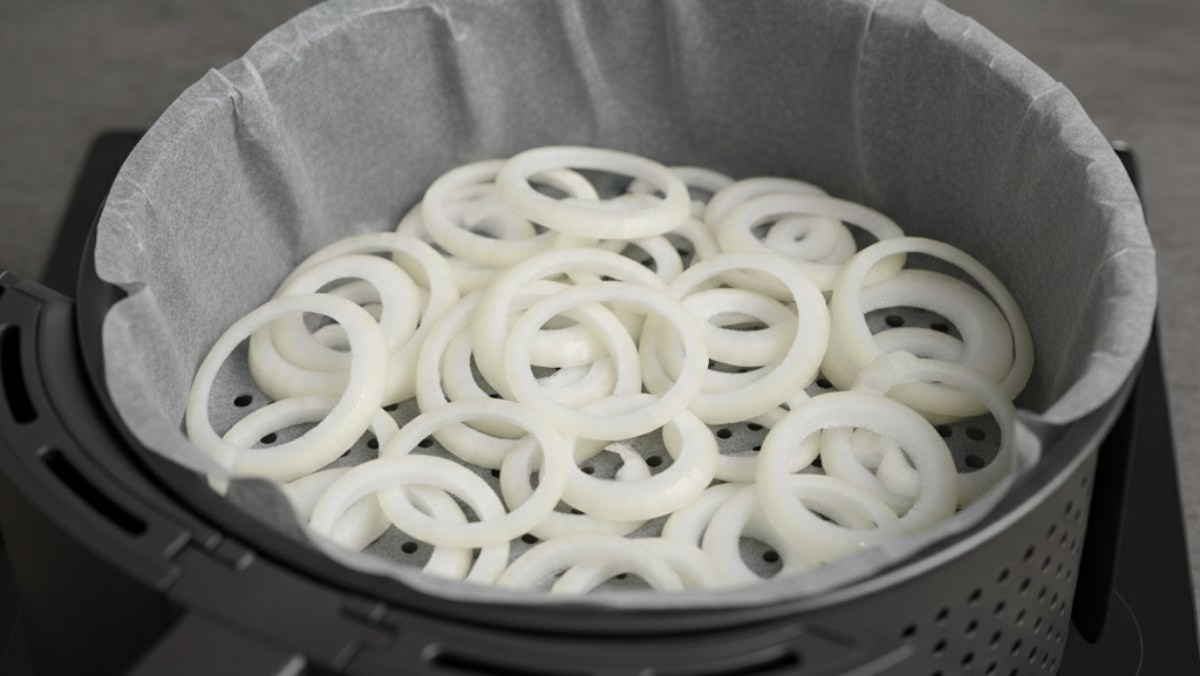 에어프라이기 위에 양파가 올라가 있는 모습. AI가 생성한 자료사진.