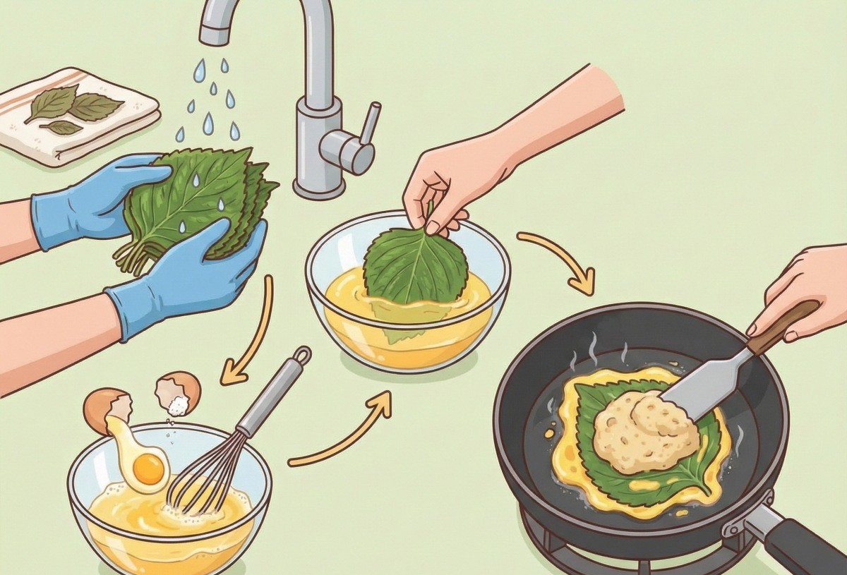 깻잎 위에 감자 당근 반죽을 올린 뒤 구워준다. AI툴로 제작한 일러스트.