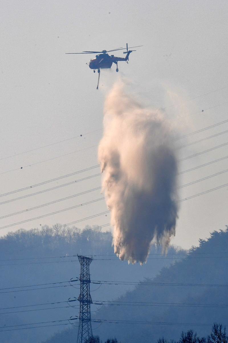8일 오후 경북 경주시 문무대왕면 입천리에서 발생한 산불이 강풍을 타고 확산되고 있는 가운데 산림청 초대형 핼기(S-64)가 송전선로를 피해 진화 작업을 벌이고 있다. 이날 오후 정부는 신속한 진화를 위해 국가소방동원령을 발령했다 / 뉴스1