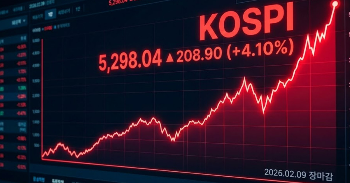 26년 2월 9일 코스피 마감. 기사 이해를 돕기 위해 AI로 제작한 이미지.