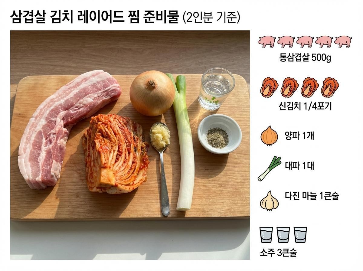 찜기로 만드는 '삼겹살 김치찜' 준비 재료들. 기사 내용 토대로 AI툴 활용해 제작한 자료사진.