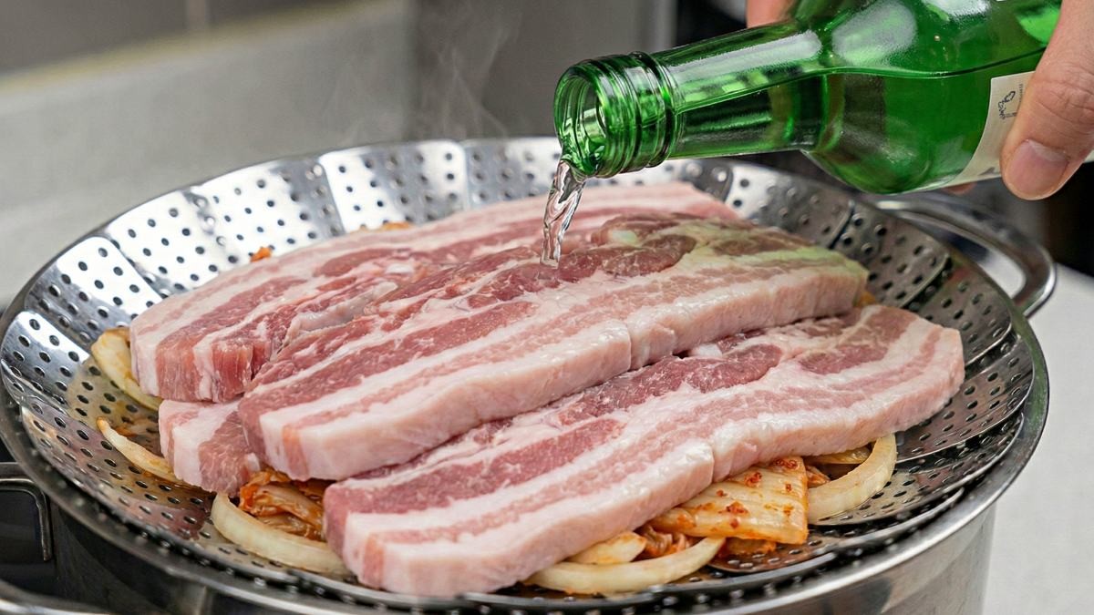 '찜기에 삼겹살을 올린다고?!' 기사 내용 토대로 AI툴 활용해 제작한 자료사진.