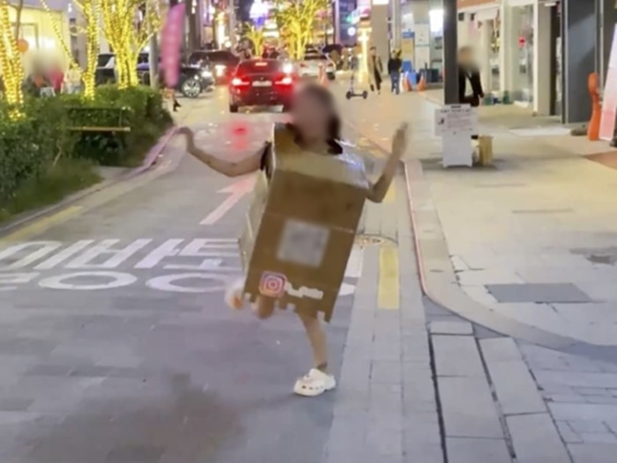 박스만 걸친 채 도심 번화가에 나타난 '압구정 박스녀' 모습 자료 사진. '압구정 박스녀'로 알려진 20대 여성 A 씨가 마약 혐의로 징역형 집행유예를 선고받았다. 서울중앙지법 형사2단독 조영민 판사는 10일 마약류관리법 위반(향정) 혐의를 받는 20대 여성 A 씨에게 징역 2년에 집행유예 4년, 184만 원 추징을 선고했다.     / '압구정 박스녀' A 씨 인스타그램