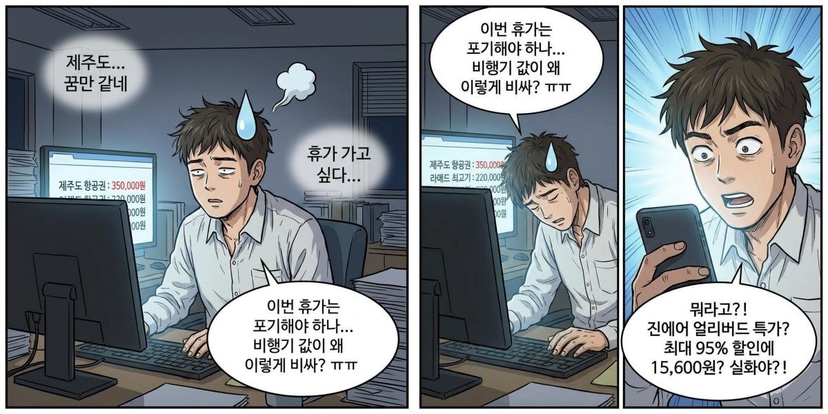 [만화] 진에어 '국내선 얼리버드 특가'를 확인한 사람. AI가 생성한 자료사진.