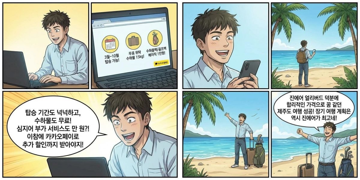 [만화] 진에어 '국내선 얼리버드 특가'를 확인한 사람. AI가 생성한 자료사진.