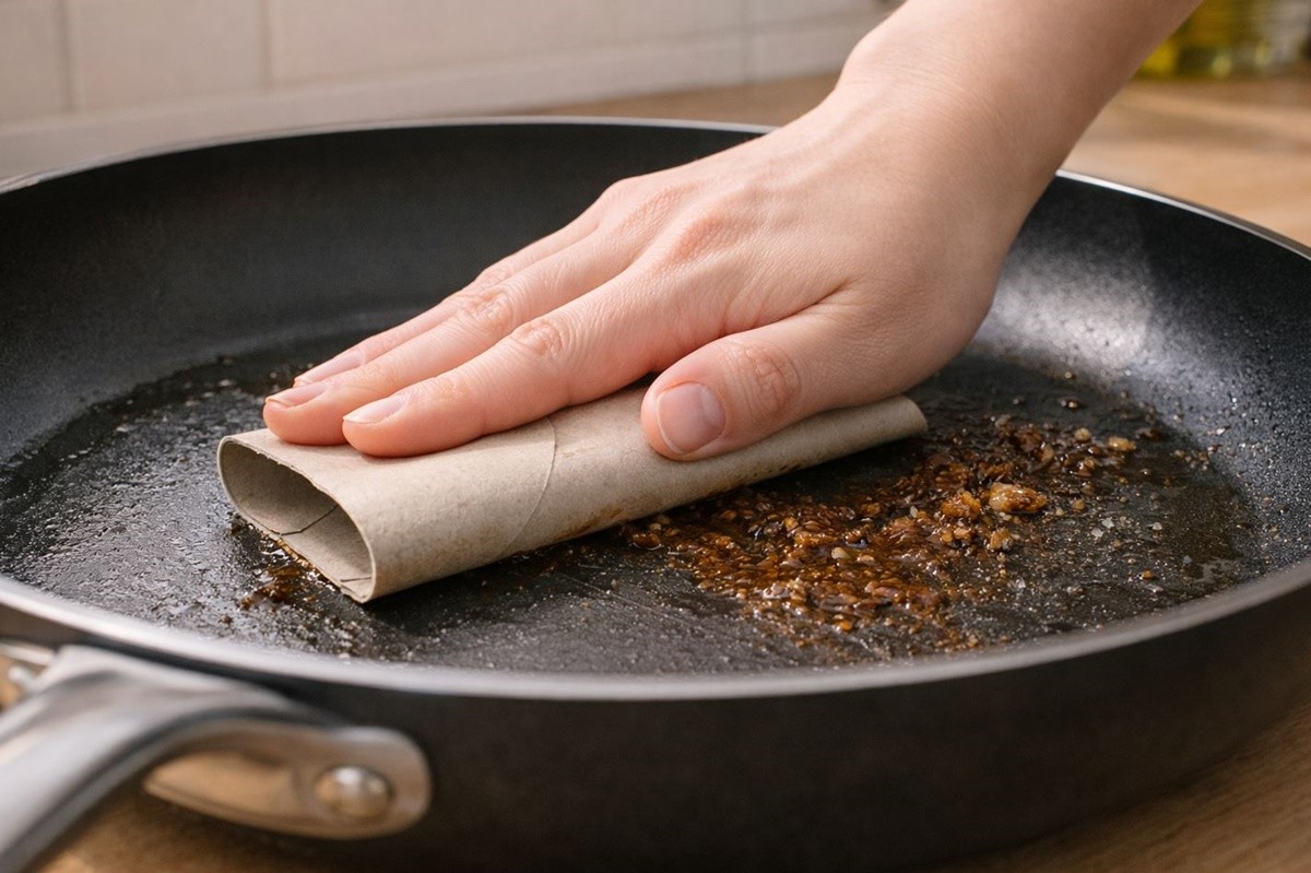 휴지심 스크래퍼로 프라이팬의 기름때를 제거하는 모습. 기사 이해를 돕기 위해 AI를 활용해 제작한 자료 사진입니다.