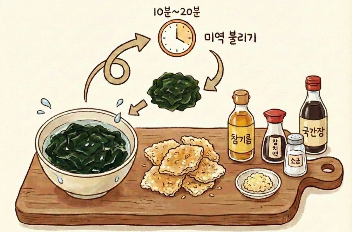 AI툴로 생성한 일러스트 이미지. 미역은 찬물에서 10분~20분 정도 불린다. 기타 재료로는 누룽지, 참기름, 참치액, 국간장, 소금, 다진 마늘이 필요하다.