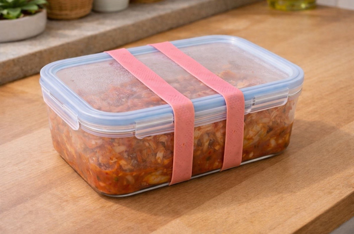 고무장갑을 잘라 반찬통을 고정한 모습. 기사 이해를 돕기 위해 AI를 활용해 제작한 자료 사진입니다. 실제 모습과 다소 차이가 있을 수 있습니다.