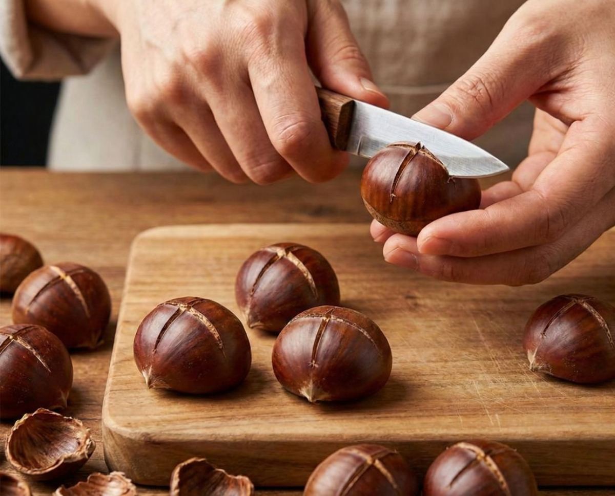 불린 밤의 윗부분에 열십자(+) 모양으로 칼집을 내주면 익으면서 껍질이 벌어져 훨씬 까기 수월해진다. 기사 내용 토대로 AI툴 활용해 제작한 자료사진.