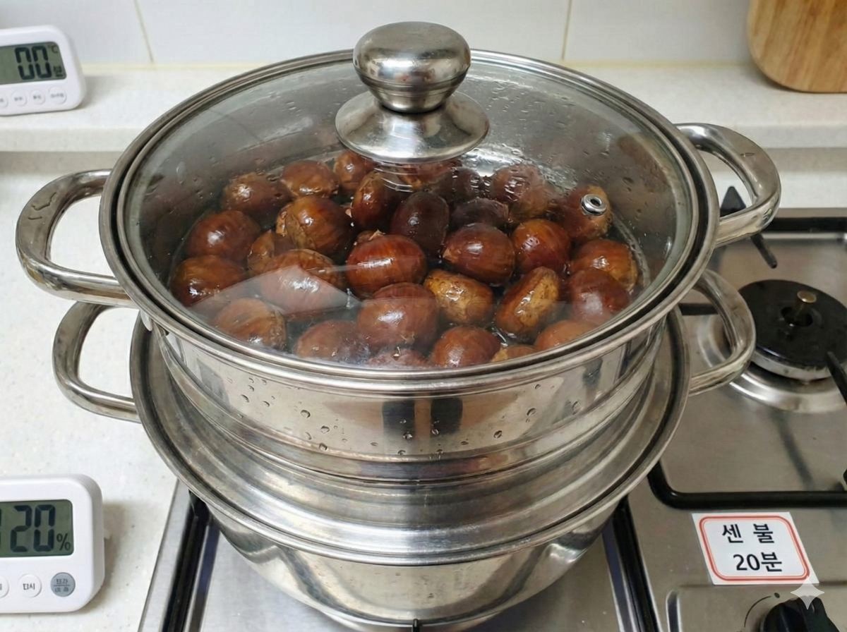 찜기에 밤을 올리고 센 불에서 20분간 찌기. 밤의 비타민과 영양소를 지키는 데는 찌는 방법이 더 효과적. 기사 내용 토대로 AI툴 활용해 제작한 자료사진.