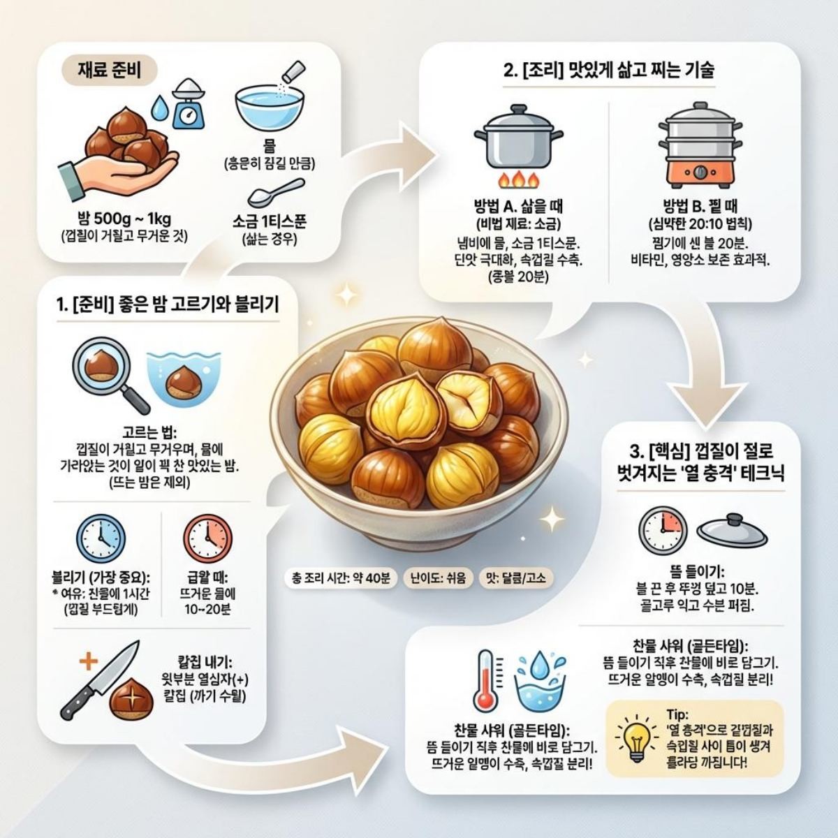 실패 없는 밤 삶기 & 껍질 쉽게 까는 법' 1장 요약. 기사 내용 토대로 AI툴 활용해 제작한 자료사진.