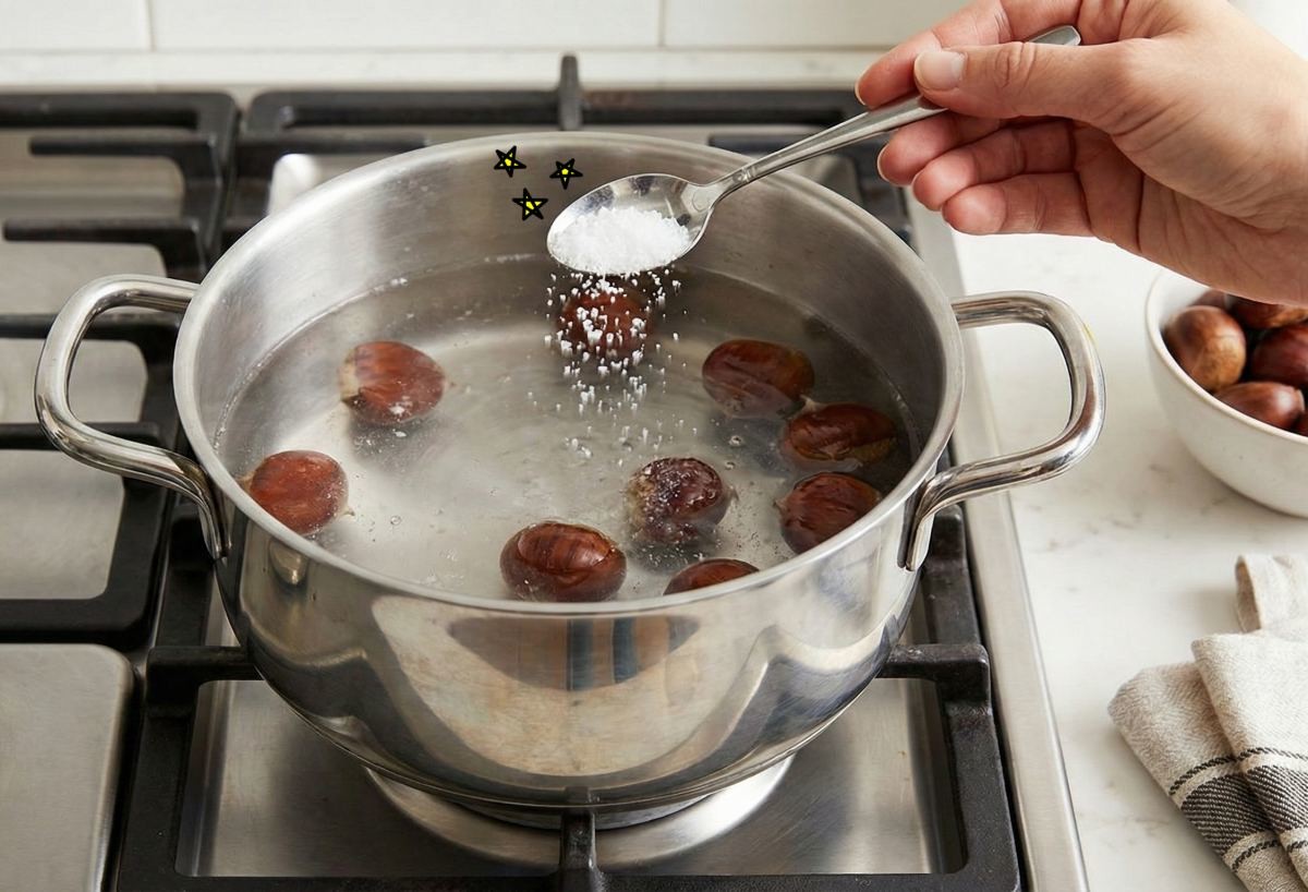 밤 삶을 때 비법 재료는 '소금'. 소금은 밤의 단맛을 극대화하고, 속껍질을 수축시켜 알맹이와 분리되도록 돕는다. 기사 내용 토대로 AI툴 활용해 제작한 자료사진.