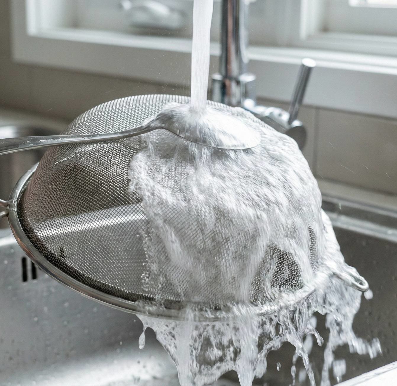 AI툴로 생성한 자료사진. 채반을 한 손에 들고, 다른 손으로 숟가락을 뒤집어 볼록한 부분을 위로 향하게 만든다. 이제 물줄기가 숟가락에 닿도록 해보자. 물이 숟가락에 부딪히며 퍼져 흐르면서 채반 전체에 고르게 닿는다. 거품을 씻어낼 때 훨씬 수월하다.