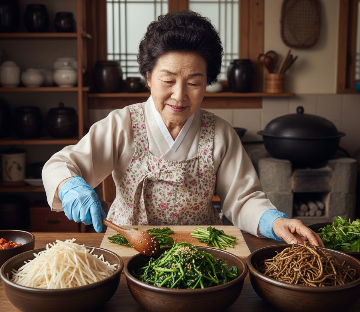 삼색나물을 무치는 사람. AI툴로 만든 이미지.