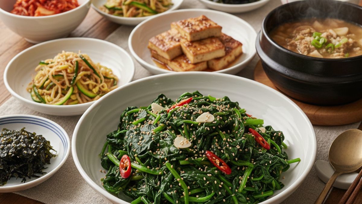 시금치 나물과 다양한 반찬들