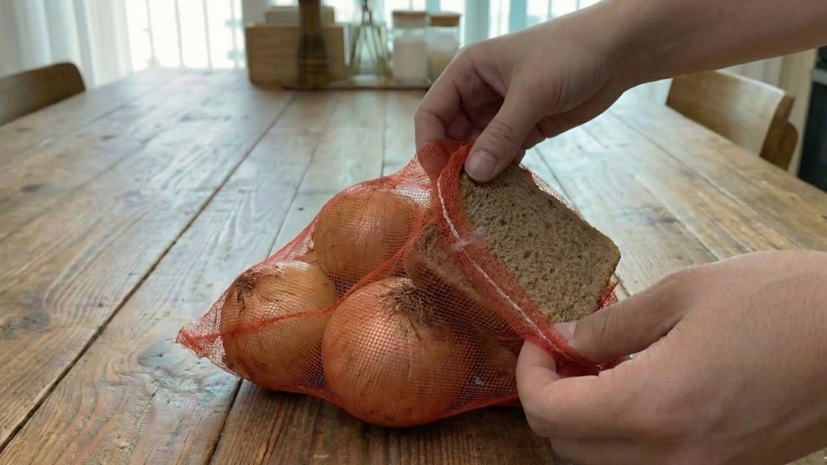 식빵은 공기 중의 수분을 흡수하는 성질이 있어 양파 주변의 습기를 줄이는 데 도움을 줄 수 있다. 마른 식빵이 없다면 전자레인지에 살짝 돌려 수분을 날린 뒤 사용하면 된다. 이때 중요한 점은 양파끼리 서로 닿거나 눌리지 않도록 해야 한다.