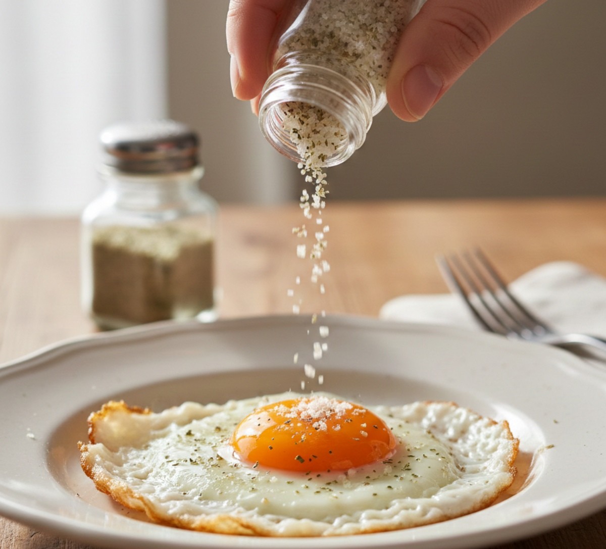계란후라이·삶은계란 위에 허브솔트를 뿌려 풍미를 더하는 방법. AI툴로 제작한 자료사진.
