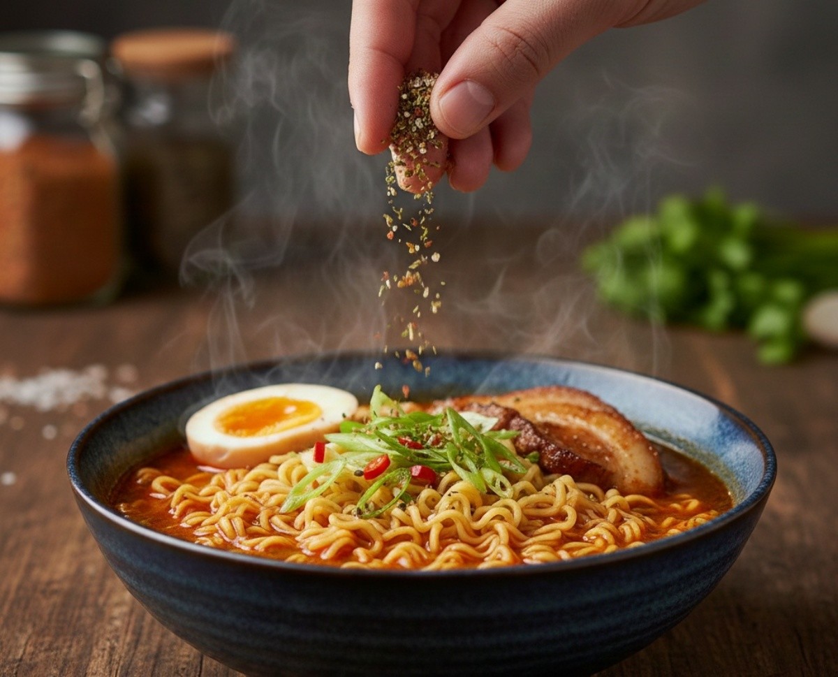 라면 그릇 위에 허브솔트를 아주 소량 뿌리는 장면. AI툴로 제작한 자료사진.