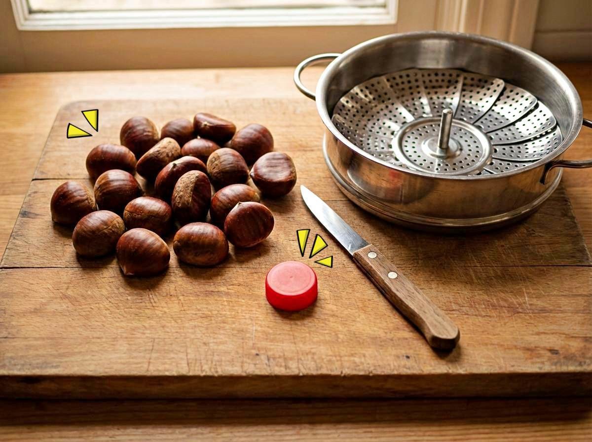 '페트병 병뚜껑으로 밤껍질 쉽게 까기' 간단한 준비물들. 기사 내용 토대로 AI툴 활용해 제작한 자료사진.