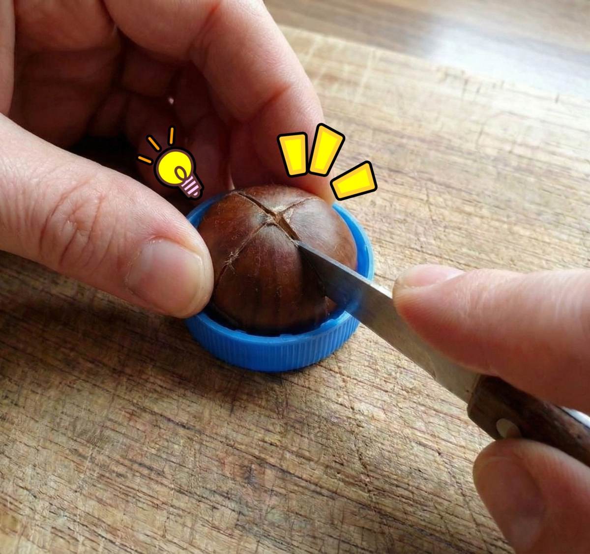 병뚜껑을 뒤집어 밤의 볼록한 윗부분을 안정적으로 올려놓는다. 병뚜껑 테두리가 밤을 감싸듯 지지해 주기 때문에 흔들림이 줄어든다. 이 상태에서 칼로 윗부분에 십자 모양으로 깊게 칼집을 넣는다. 병뚜껑 높이가 자연스럽게 칼날 깊이를 제한해 과도하게 깊이 들어가는 것을 막아주고, 손가락과 칼날 사이의 거리를 확보해 안전성을 높인다. 기사 내용 토대로 AI툴 활용해 제작한 자료사진.