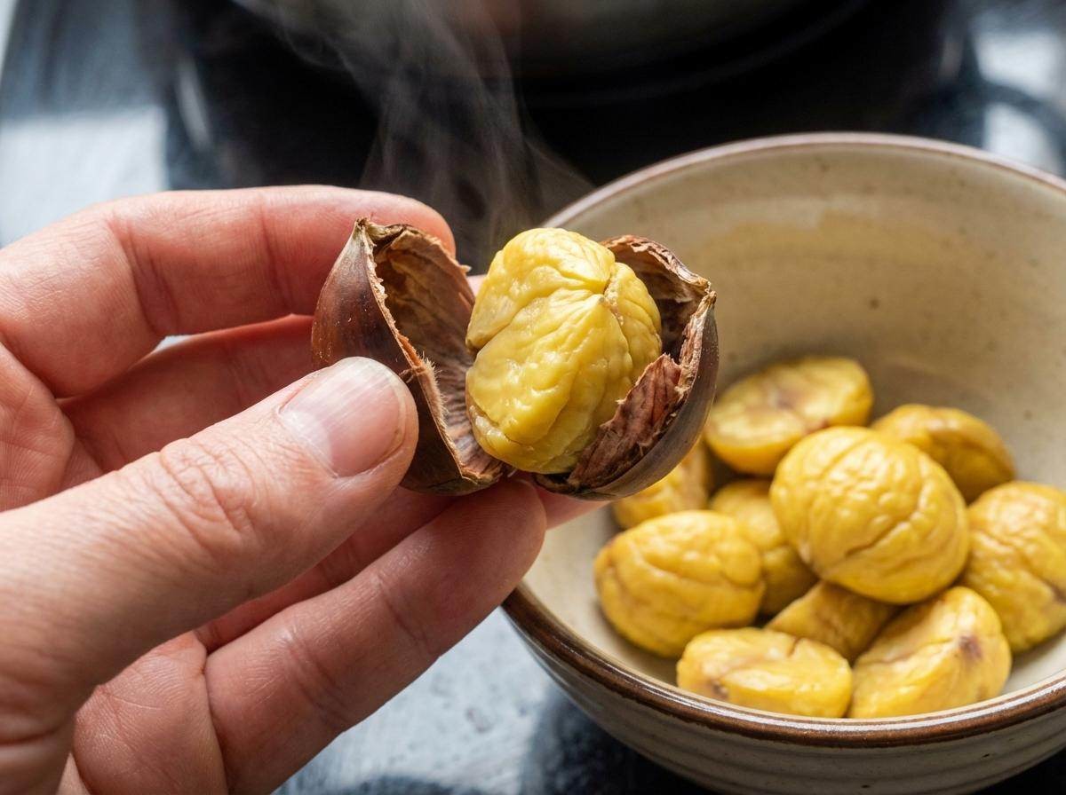 밤껍질 쉽게 '휘리릭' 까기. 기사 내용 토대로 AI툴 활용해 제작한 자료사진.