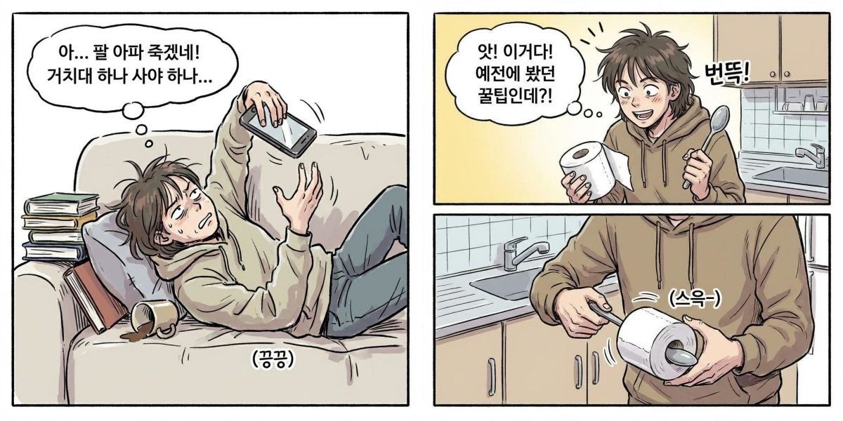 [만화] 두루마기 휴지와 숟가락으로 거치대를 만드는 모습. AI가 생성한 자료사진.