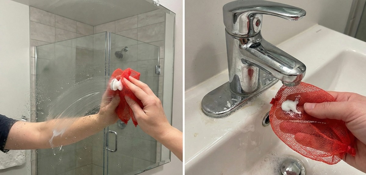 AI로 생성한 자료사진. 깨끗하게 건조한 양파망은 욕실 청소 보조 도구로 활용할 수 있다. 특히 린스와 치약을 각각 양파망에 묻혀 거울이나 세면대 등을 청소하면 관리가 수월하다.