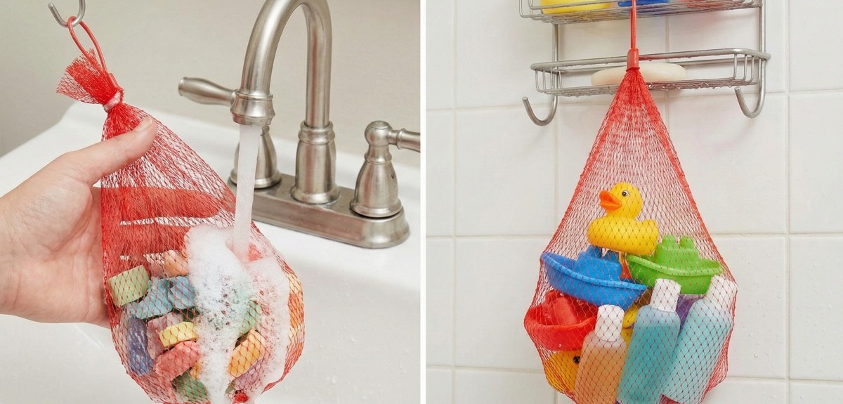 AI로 생성한 자료사진.(실제와 차이가 있을 수 있습니다) 양파망은 욕실 소품을 보관하는 용도로도 활용할 수 있다. 그물 형태로 물 빠짐이 있어 욕실 용품 샘플이나 장난감 등을 보관하기에 좋다.