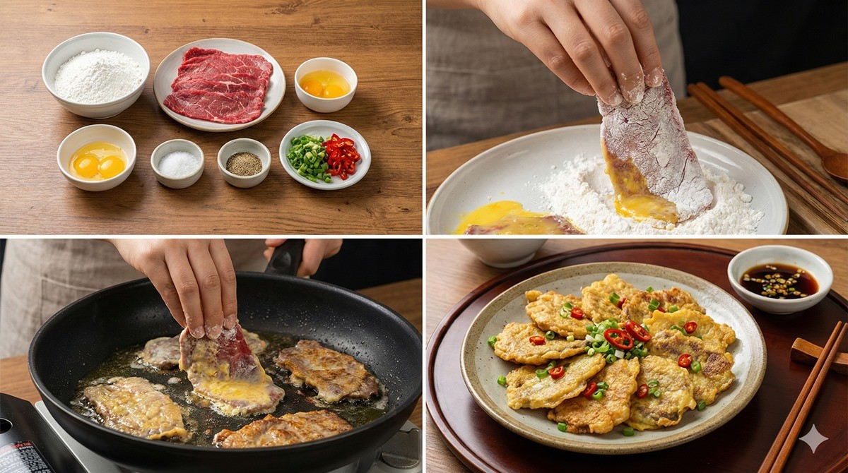 찹쌀가루 육전 조리 과정 / AI 생성 이미지