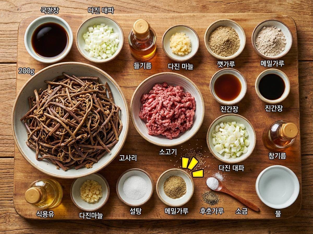 고사리 무치기 위한 준비 재료들. 기사 내용 토대로 AI툴 활용해 제작한 자료사진.