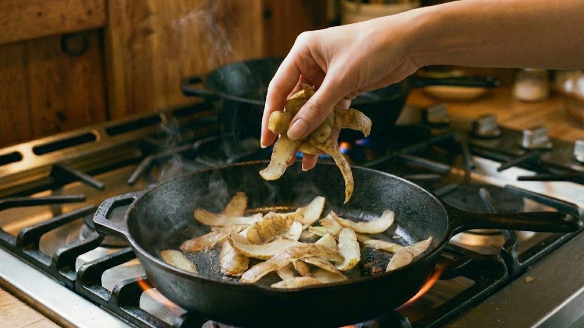 감자 껍질을 프라이팬에 올린 모습 / 기사 내용을 바탕으로 제작한 AI 이미지