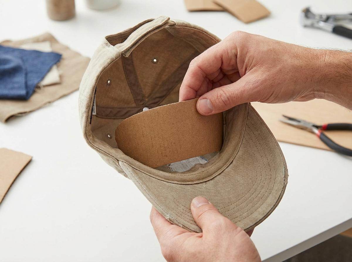 컵홀더를 펼쳐 모자 앞부분 폭에 맞게 잘라 둥글게 말아 챙 바로 위 크라운 안쪽에 넣으면 앞판이 평평하게 유지된다. 기사 내용 토대로 AI툴 활용해 제작한 자료사진.