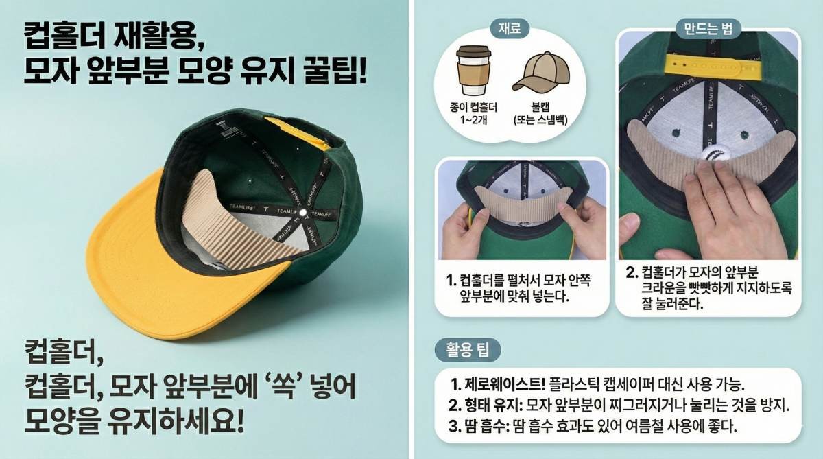 '컵홀더-모자' 꿀팁 1장 요약. 기사 내용 토대로 AI툴 활용해 제작한 자료사진.