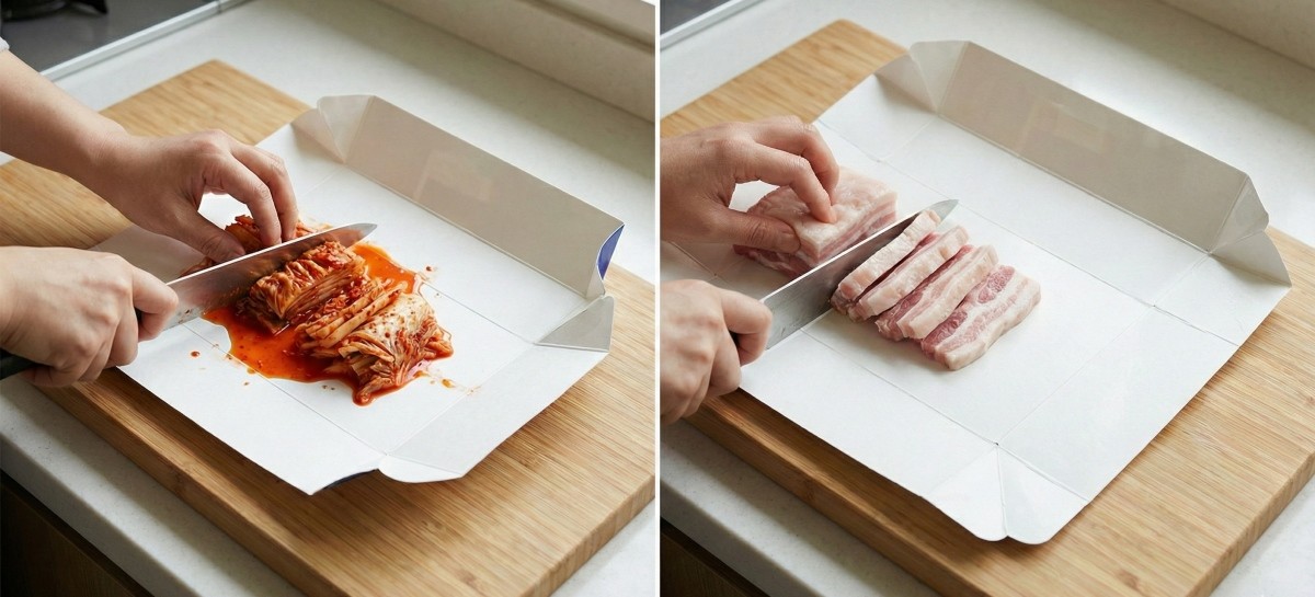 우유팩은 깨끗하게 씻어 건조한 뒤 일상에서 재활용할 수 있다. 특히, 우유팩의 소재가 칼자국에도 강한 편이기 때문에 도마 대용으로 활용하기에 좋다. 김치를 썰 때 도마 위에 우유팩을 올리면 양념이 배어들지 않는다. 기름기가 있는 육류나 비린 생선을 조리할 때도 우유팩 위에서 손질하면 설거지에 드는 힘을 줄일 수 있다.