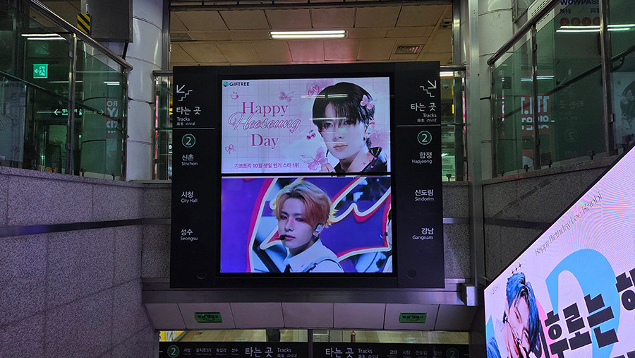 홍대입구역 개찰구 안쪽 공항철도 방면 벽면 광고. / 촬영=위키트리