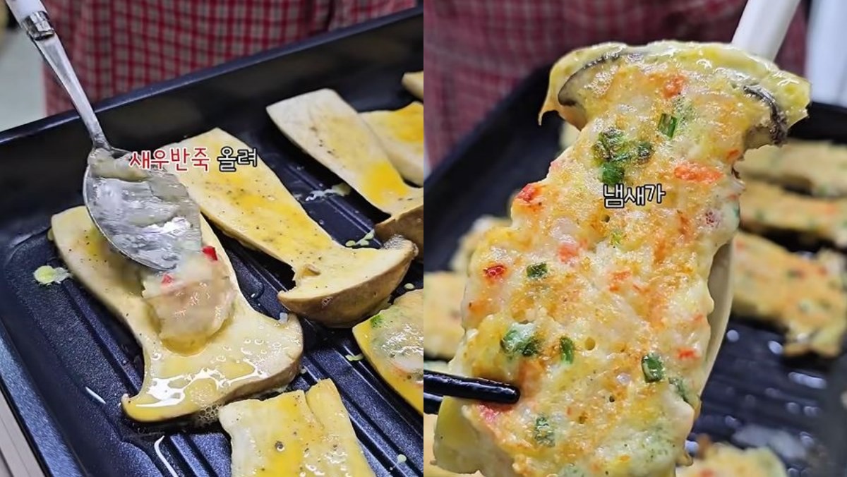 새송이버섯에 계란물을 묻혀 새우반죽을 올리고 구운 모습. / 유튜브 'JJinjubu 찐주부'
