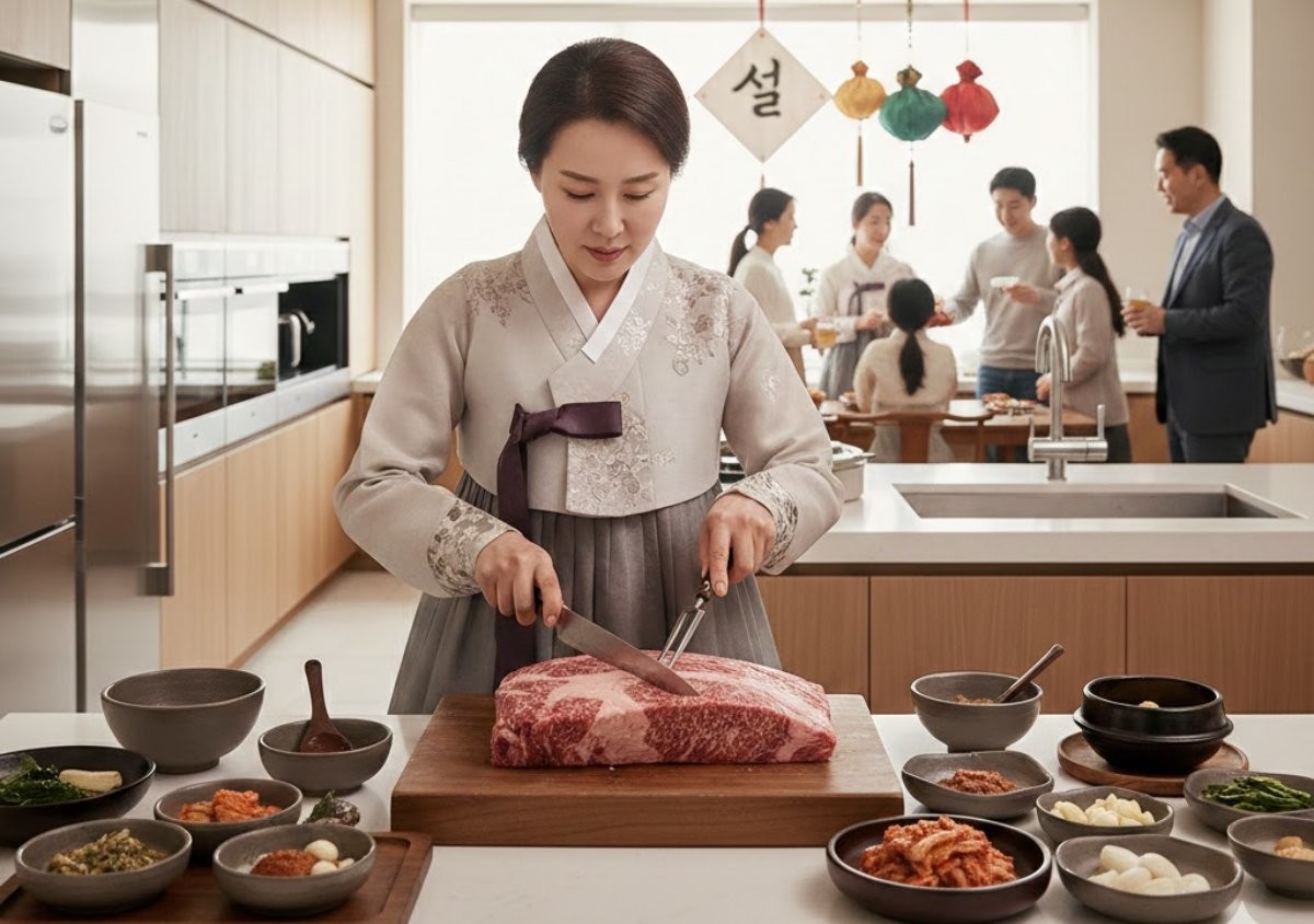 설 명절 음식을 차리기 위해 한우를 손질하려는 모습의 자료사진. AI가 생성한 자료사진.