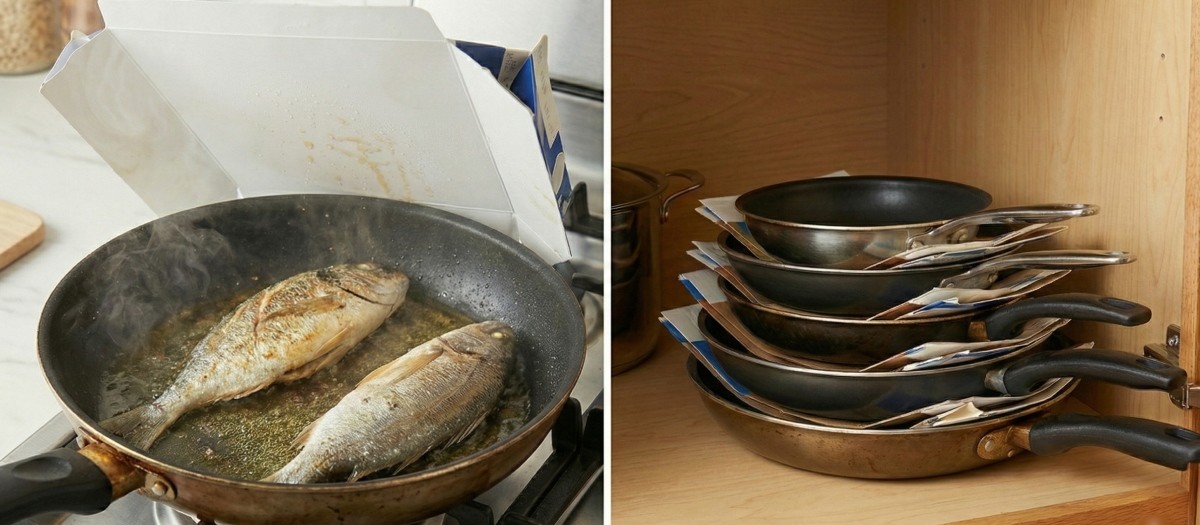 기사를 바탕으로 AI가 생성한 자료사진. 조리 시 기름이 튈 것 같을 때 우유팩을 덮개처럼 살짝 올려두면 된다. 냄새 완화에도 어느 정도 도움이 된다. 프라이팬을 여러 개 겹쳐 보관할 때도 사이사이에 펼친 우유팩을 끼워두면 팬 바닥과 코팅 면이 서로 직접 닿지 않는다.