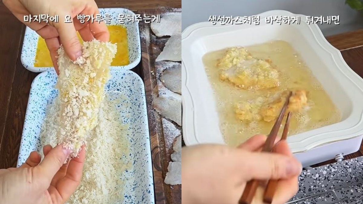 동태전에 '빵가루'를 묻혀 튀겨내는 모습. / 유튜브 '지지미의 밥상'